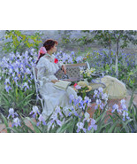 In the garden. Among the irises, a 24â€ high reproduction oil painting on c - £278.97 GBP