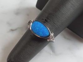 Womens Estate Sterling Silver Modernist Blue Opal Ring 3.3g E4207 - £23.74 GBP