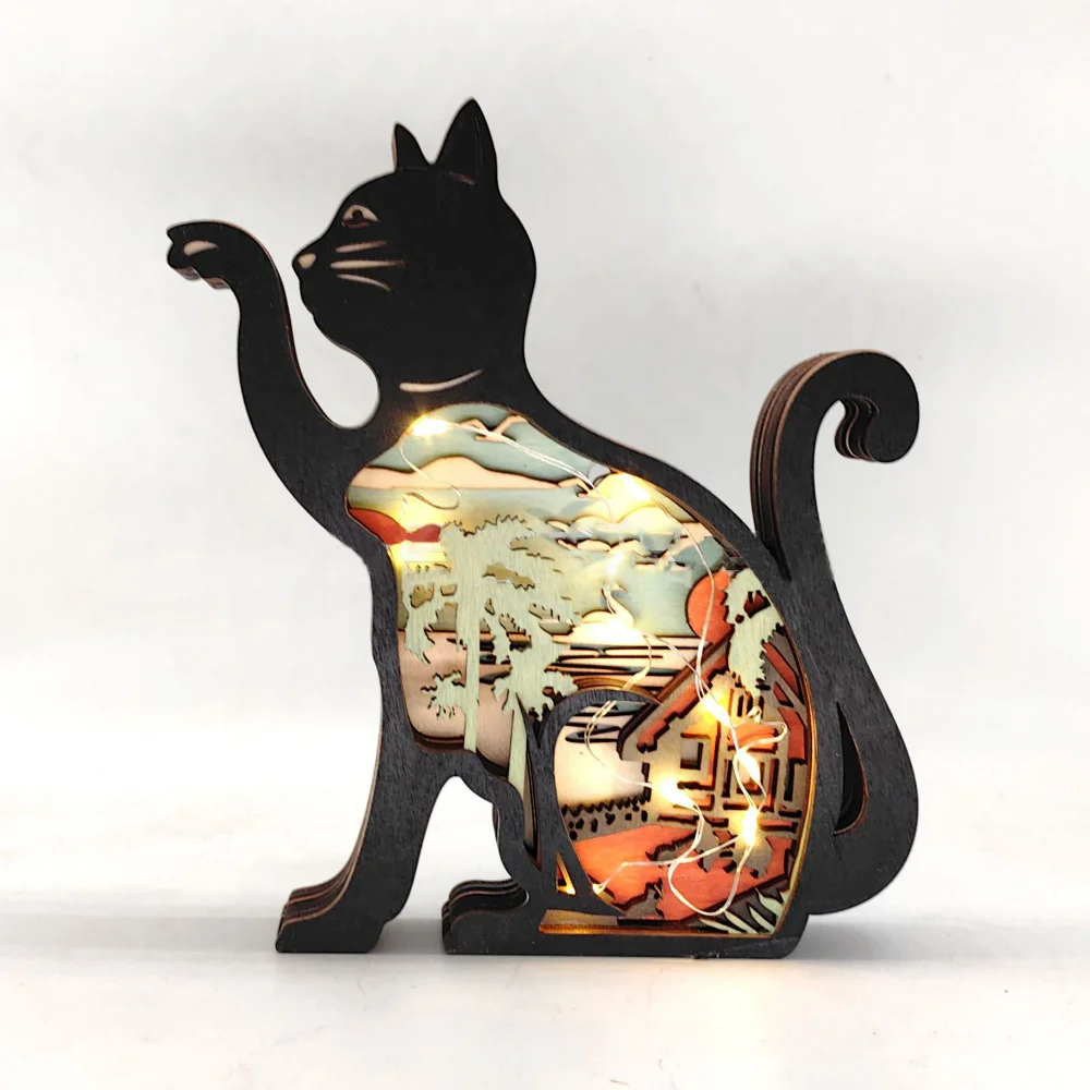 Decorative Wooden Cat Carved Figurine Led Light Nordic Ornaments Statue - £13.60 GBP+