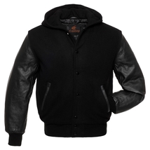 Bomber Varsity Letterman Baseball Hoodie Jacket Black Body Black Leather Sleeves - £78.93 GBP