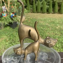 Two Vintage MCM Solid Brass Cat Figurines Ring Holder Paper Weight Boho ... - $24.20