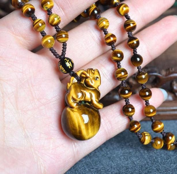 handmade natural tiger eye stone pi yao Amulet beaded pendant / beaded necklace - $26.72