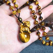 handmade natural tiger eye stone pi yao Amulet beaded pendant / beaded n... - $26.72