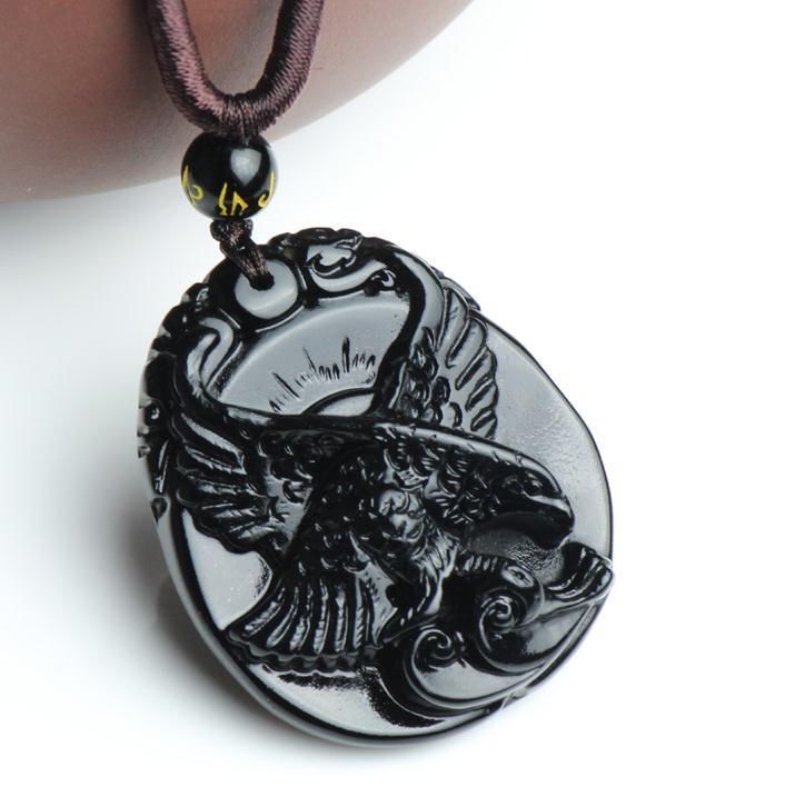 Primary image for handmade natural Obsidian stone Eagle good luck charm pendant necklace