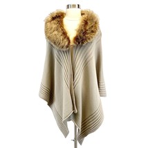 La Fiorentina Ruana Ribbed Sweater Wrap Poncho Faux Fur Camel Tan One Size  - £61.72 GBP