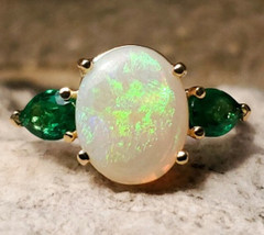 18k Yellow Gold 1.76ct Genuine Natural Opal and Emerald Ring Jewelry (#J5629) - £1,299.46 GBP