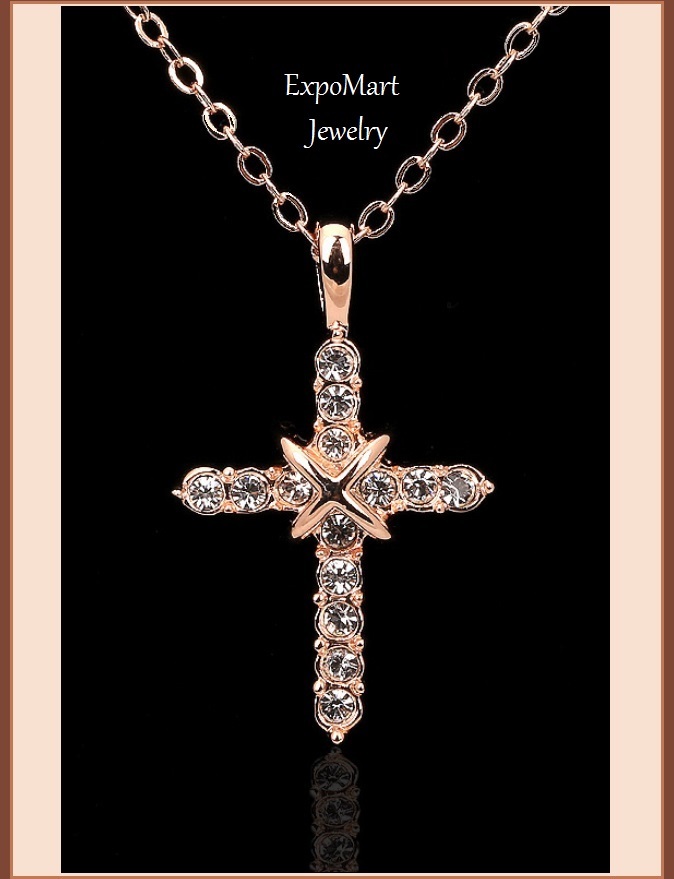 Rose Gold 18k Plated Cross Studded CZ Austrian Crystal Diamond Pendant Necklace