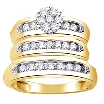 14K Gold Plated 1Ct Simulated Diamond Flower Cluster Trio Set Engagement Band - £117.63 GBP