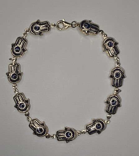 10k Gold Hamsa Blue Bracelet Evil Eye Protection Fatima Hand 7 inch Item image 2