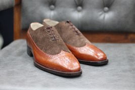 Handmade Men&#39;s Bespoke Leather Oxfords Wingtip Shoes -Tan Brogue Dress S... - £149.08 GBP