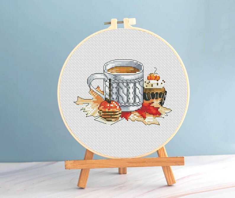 Autumn cross stitch Coffee pattern pdf - Beginner cross stitch kitchen c... - $7.49