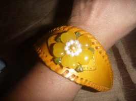 Leather Cuff Bracelet with  Yellow Jade Flower Stones - $13.50