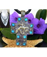 Bucking Bronco Horse Cross Pendant Necklace Turquoise Magnetic Slide - £22.29 GBP