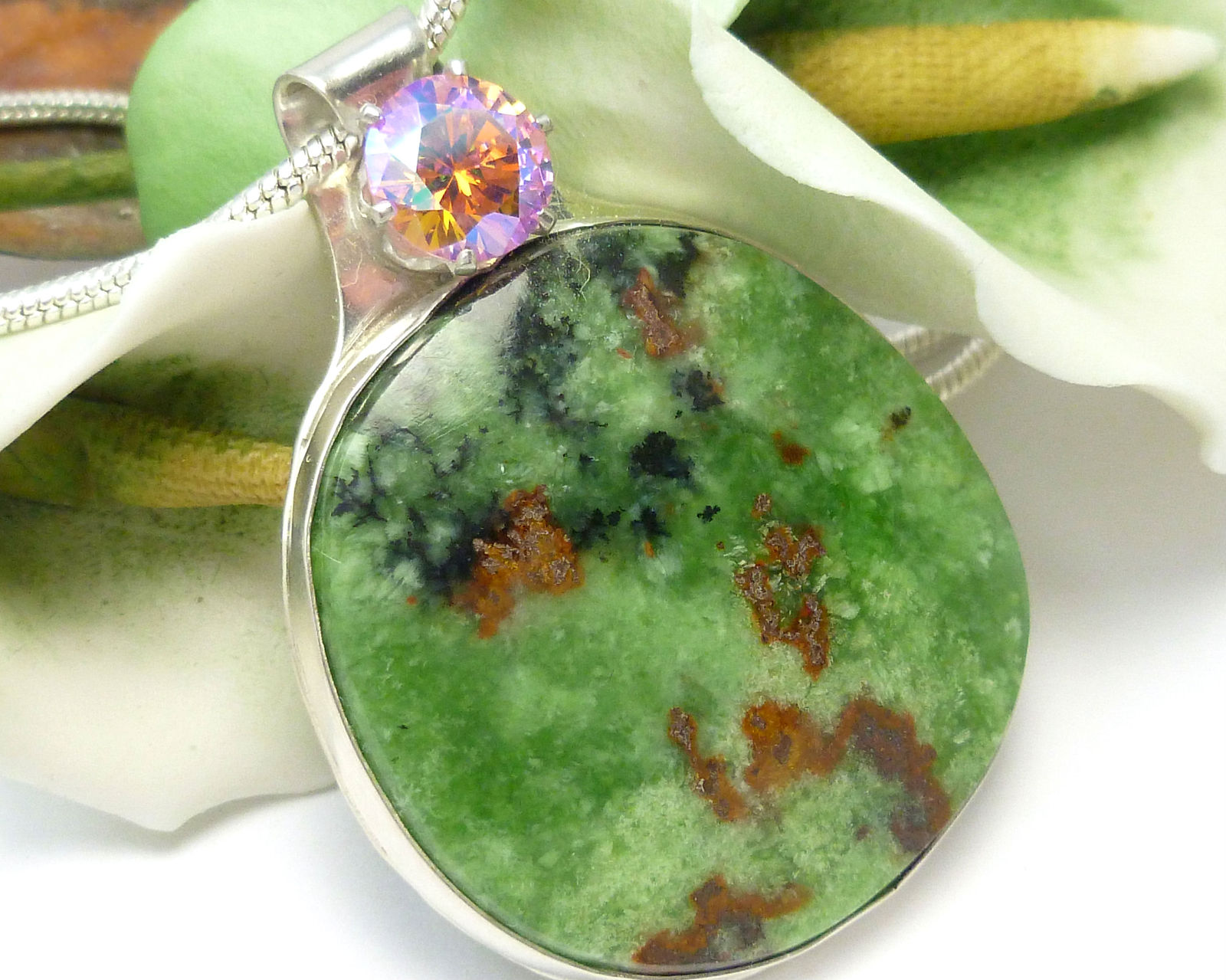Primary image for  Natural Serpentine Gemstone Round Sterling Pendant Green Pink