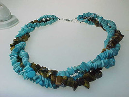 TURQUOISE and TIGER&#39;S EYE Vintage Necklace in Sterling Silver - 88 grams - £106.15 GBP