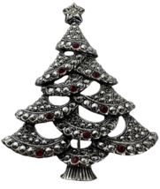 Avon Brooch Pin Vintage Christmas Tree Jewelry Silvertone Rhinestones 2 1/8 inch - £7.18 GBP