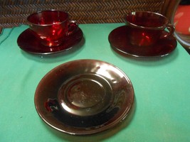 Great RUBY RED Glass...2 CUPS &amp; SAUCERS &amp; 1 FREE Saucer - $6.52