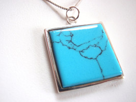 Simulated Blue Turquoise Perfect Square 925 Sterling Silver Necklace - £15.68 GBP