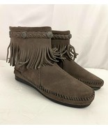 Minnetonka Back Zip Ankle Boots Gray Suede Fringe Sz 6 Booties - £18.02 GBP