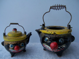 DELIGHTFUL CLOWN FACE ANTIQUE CERAMIC TEAPOTS BRIGHT COLORS - $35.72