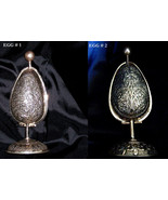 2 OLD REPOUSSE FABERGE INSPIRED SOLID SILVER EGGS ON STANDS  w/ PERFUME ... - £1,246.99 GBP