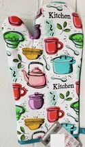 Fabric Printed Kitchen 12&quot;Oven Mitt Colorful Kitchen Pots &amp; Plates Aqua Blue Hs  - £12.57 GBP