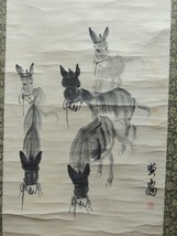 Hand Painted Watercolor 34&quot;x18&quot; Painting 5 Four Donkeys possibly Huang Zhou - €3.467,16 EUR