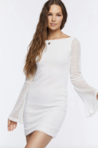 White Bell-Sleeve Crochet Bodycon Mini Dress women&#39;s LARGE wedding brida... - £27.68 GBP