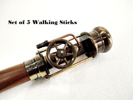 Antique Working Brass Steam Engine Handle Wooden Walking Stick Cane Set of 5 - £391.61 GBP