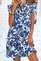 Sail Blue Floral Ruffled Cap Sleeve Tied Neck Mini Dress - $15.43
