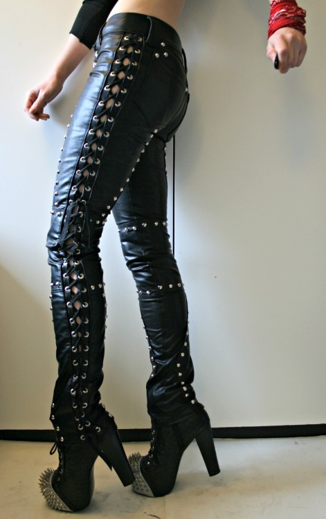 Women Skinny Black Laceup Waist Belted Zipper Genuine Leather Pants