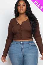 Plus Size Brown Button Down Long Sleeve Crop Basic Ribbed Knit Top - $19.00