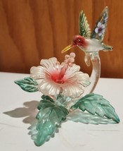 Glass Blown Hummingbird &amp; Pink Flower Green Leaves Figurine  - £15.69 GBP