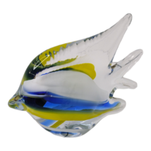 Art Glass Fish Paperweight Figurine Ocean Angelfish Clear w/ White Yellow &amp; Blue - £13.47 GBP