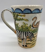 Handpainted  Zebras Elephant Mug Trunk Up African One Of A Kind 4.75 inch - £14.70 GBP