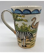 Handpainted  Zebras Elephant Mug Trunk Up African One Of A Kind 4.75 inch - $18.69