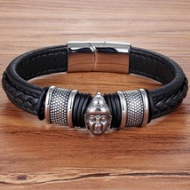 Genuine Leather Bracelet &amp; Bangle Buddha Head Accessories with Stainless Steel f - £15.94 GBP