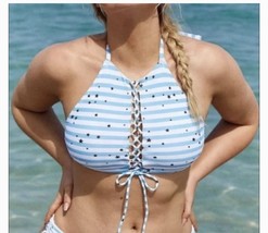 Aerie Stars &amp; Stripes Lace Up Halter Bikini Top White Blue Medium New NWT - $10.88