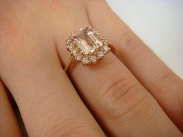 14K Rose Gold Over 1.50 Ct Emerald Cut Peach Morganite And Diamond Halo Ring - £77.71 GBP