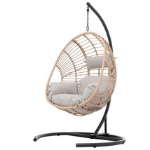 Outdoor Indoor Swing Egg Chair Natural color wicker with beige cushion - $514.51