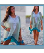 Lace Crochet Collar Pale Sea Green Chiffon Loose Sheer Beach Cover Up Tu... - £27.93 GBP