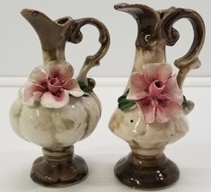 VC) Vintage Set of 2 Mini Capodimonte Rose Floral Jugs Vases 5&quot; tall - £11.46 GBP