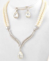 Bridal white pearl necklace set teardrop clear glass crystal pendant ear... - £16.41 GBP