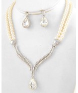 Bridal white pearl necklace set teardrop clear glass crystal pendant ear... - $28.51 CAD