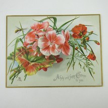 Victorian Christmas Card Raphael Tuck &amp; Sons Red Pink Flowers &amp; Bee Antique - £4.63 GBP