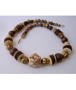 Stone Metal Wood Beaded Necklace Brown Tan Gold Disc Round Unique Bold H... - $30.00