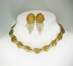 Sterling Gold Byzantine necklace Earrings pierced Chandelier medallion fringe - £411.44 GBP