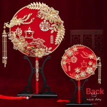 Handmade Chinese Bridal Round Fan Vintage Style Red Golden Wedding Hand ... - £30.46 GBP