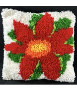 Vintage Christmas Poinsettia Latch Hook Shaggy Pillow 13x13” - $11.23