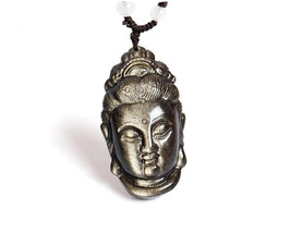 natural Gold Obsidian stone Hand carved  buddha  zen guanyin head charm pendant - £23.72 GBP